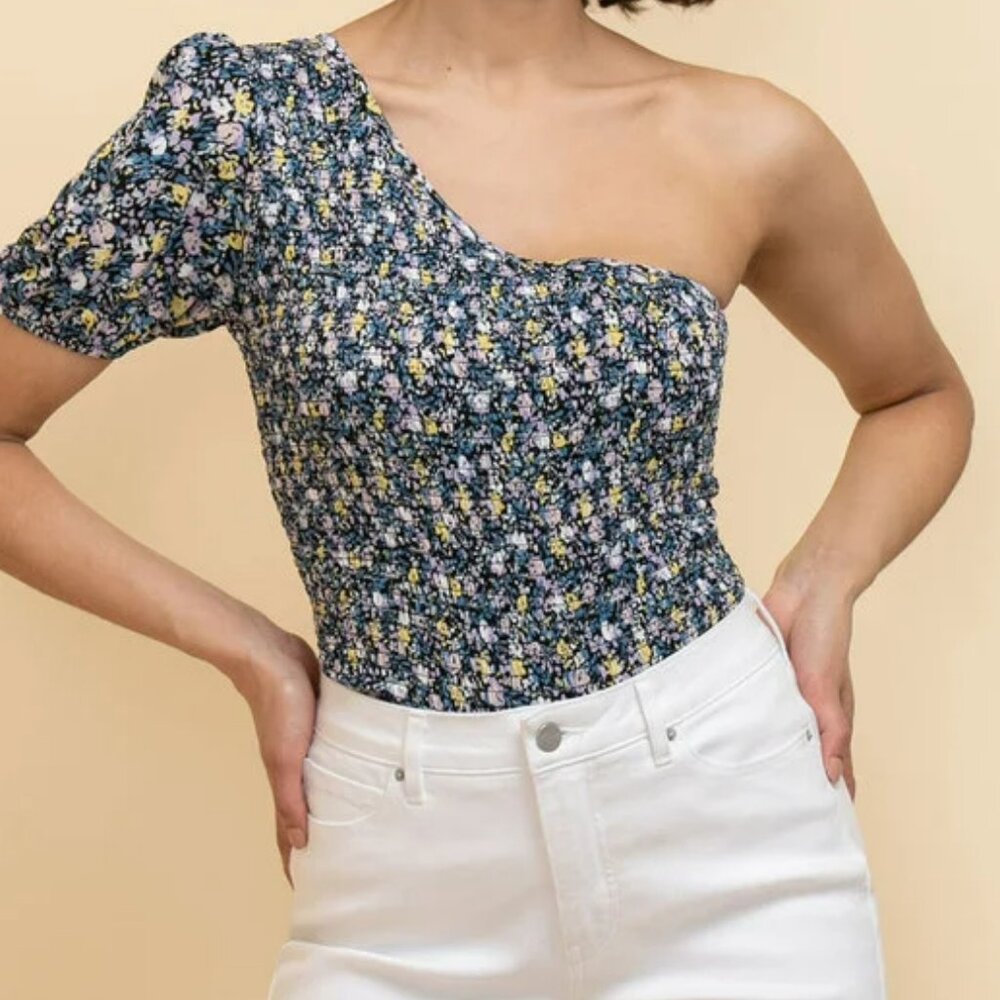 Ricki's One-Shoulder Floral Smocked Top in Navy, Yellow & Lilac - Picture 2 of 4